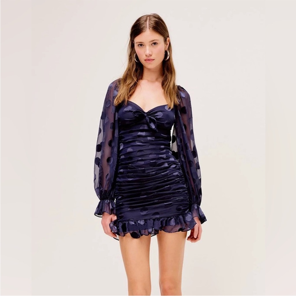 For Love & Lemons Lula Mini Dress In Midnight Navy Polka Dots